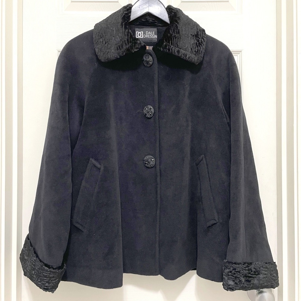Dale Dressin‎ Short Swing Coat Black Wool Angora Blend Faux Fur Trim Lined Large